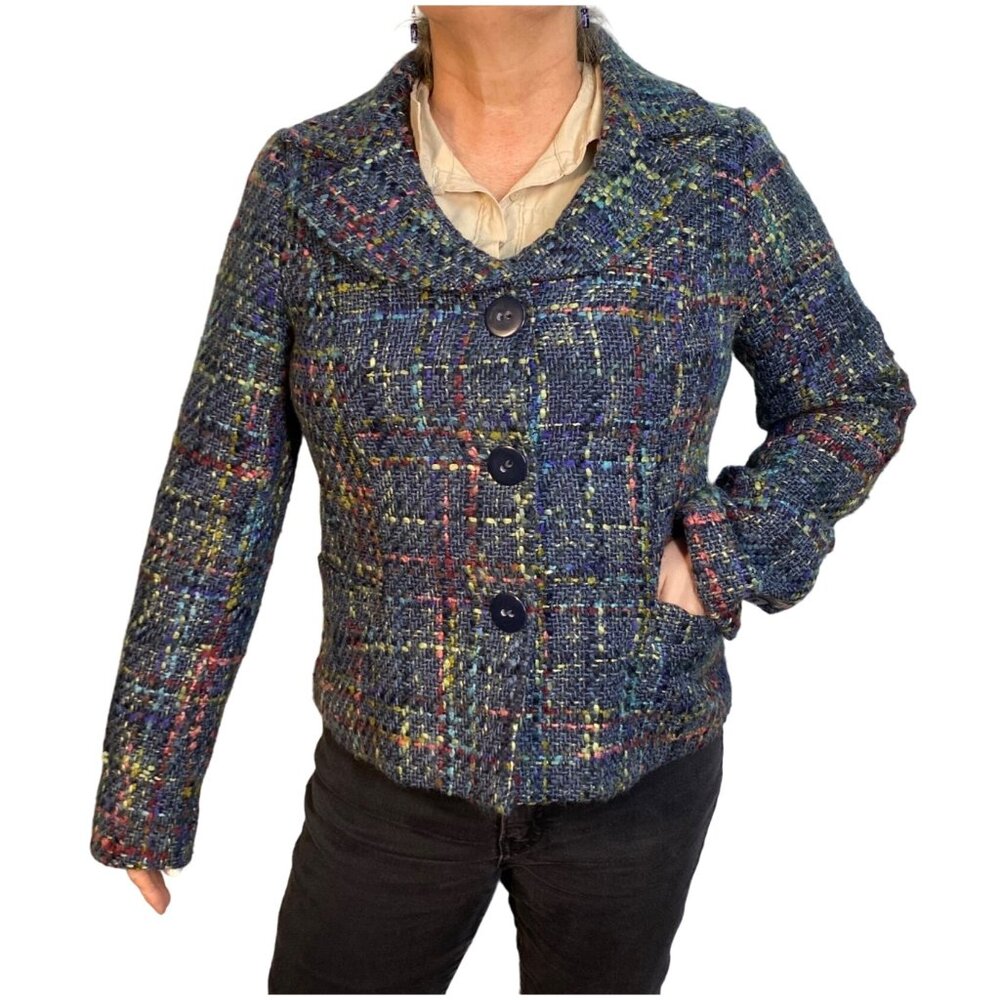 Dialogue Womens Tweed Jacket Size 12 Multicolor Wool Blend blazer Lined pockets